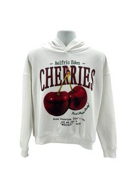 Aelfric Eden Adult Small Hoodie Cherries Print White Long Sleeve Oversized